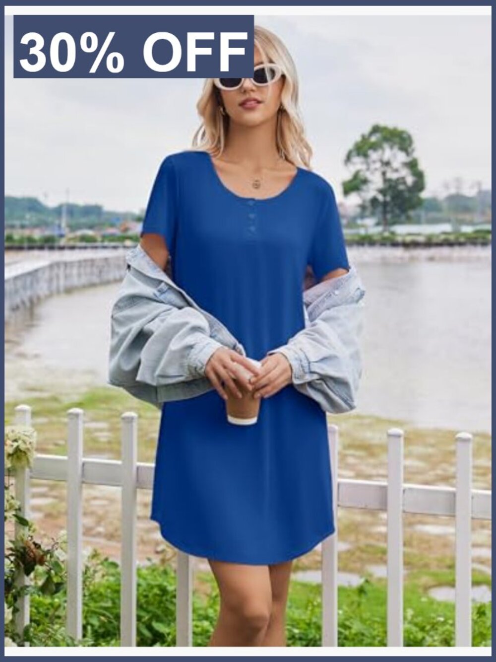 Bamboo Viscose Short Sleeve Nightgown Sleep Shirt with Henley Neckline - Picture 6 of 7